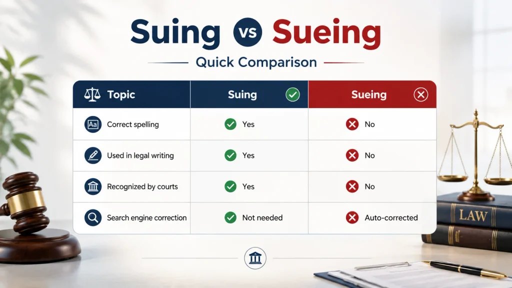 Suing or Sueing quick comparison