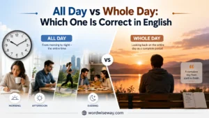 Split illustration showing “all day vs whole day” comparison with daytime routine on one side and reflective sunset scene on the other.