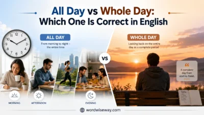 Split illustration showing “all day vs whole day” comparison with daytime routine on one side and reflective sunset scene on the other.
