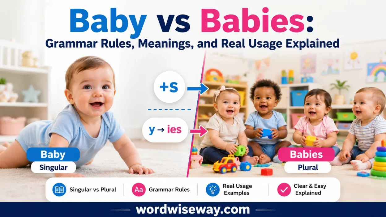 Baby vs Babies grammar comparison showing one infant versus multiple infants with educational visual split design