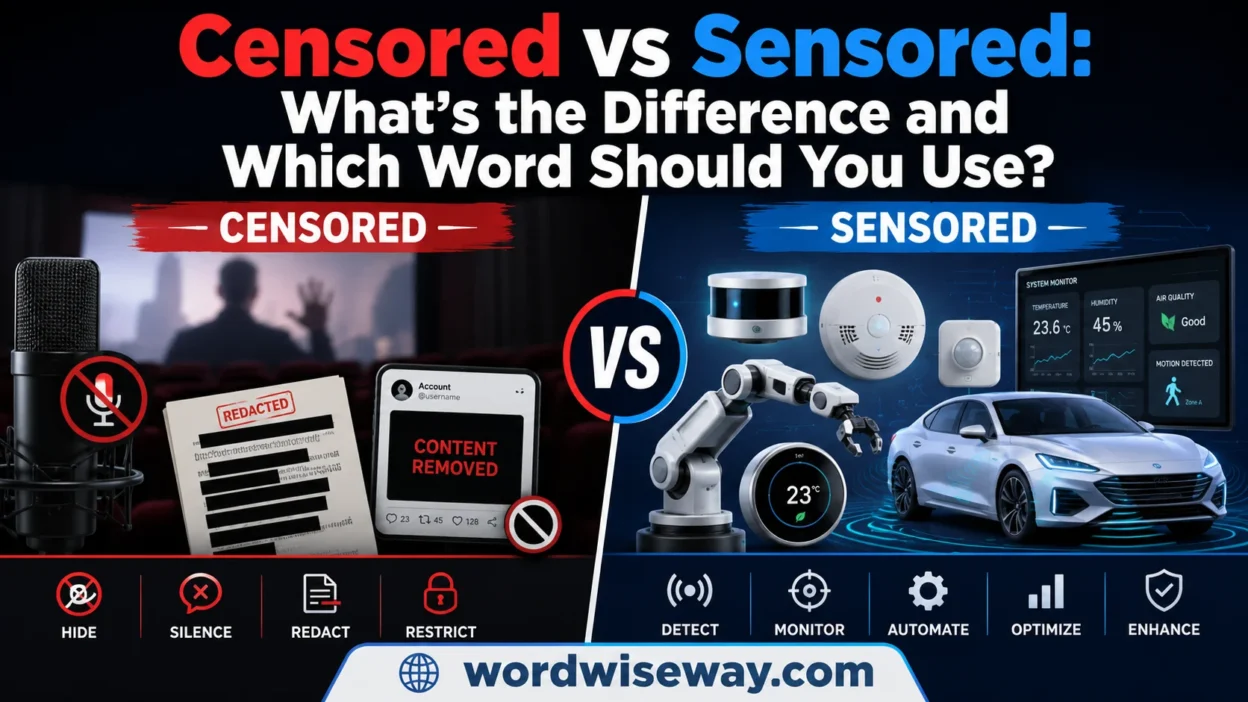 Illustration showing the difference between censored and sensored with examples of media censorship and sensor-based technology.