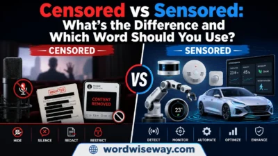 Illustration showing the difference between censored and sensored with examples of media censorship and sensor-based technology.