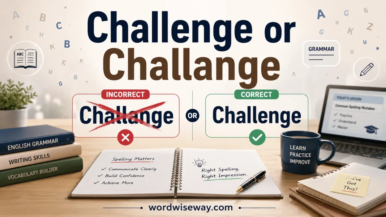 Correct spelling comparison of “Challenge vs Challange” with educational typography and clean study background.
