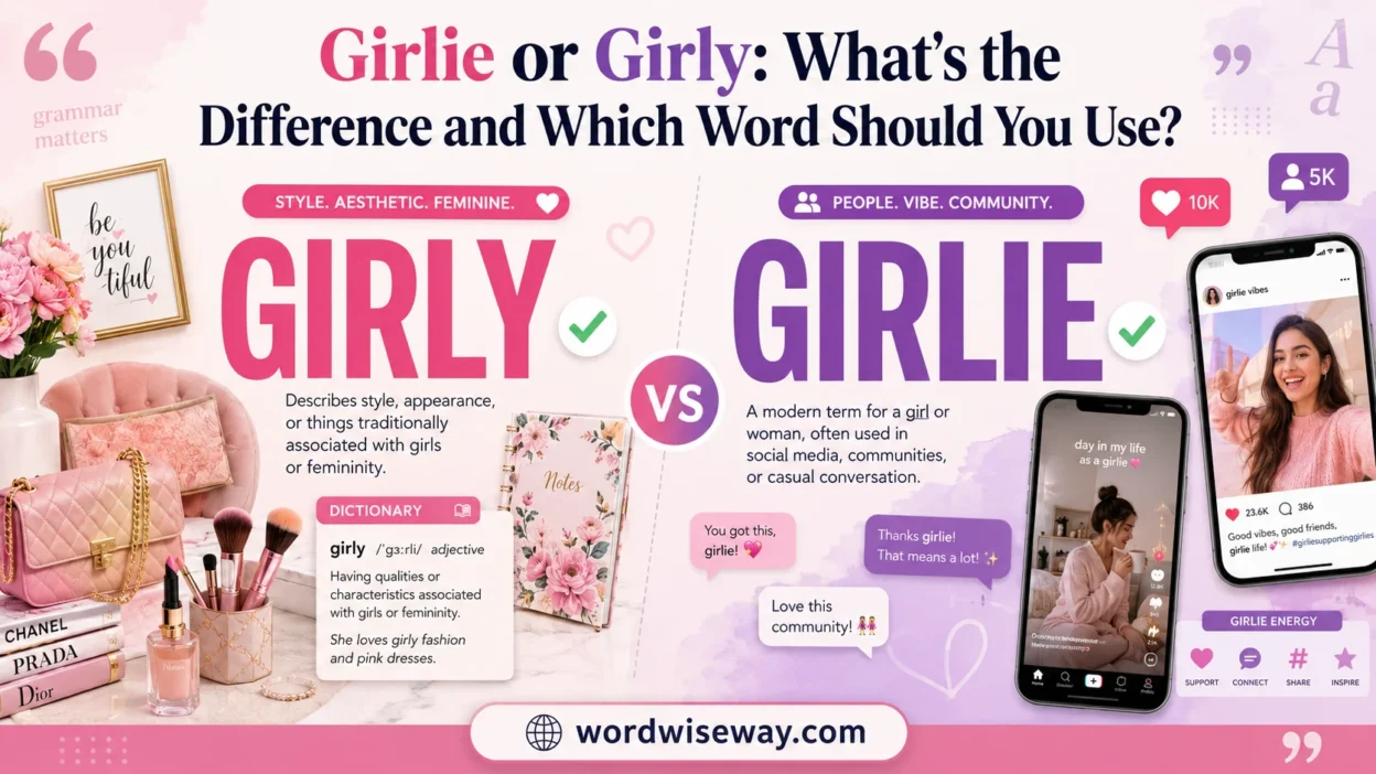 Girlie vs Girly comparison showing the difference between the informal word girlie and the adjective girly in English grammar.
