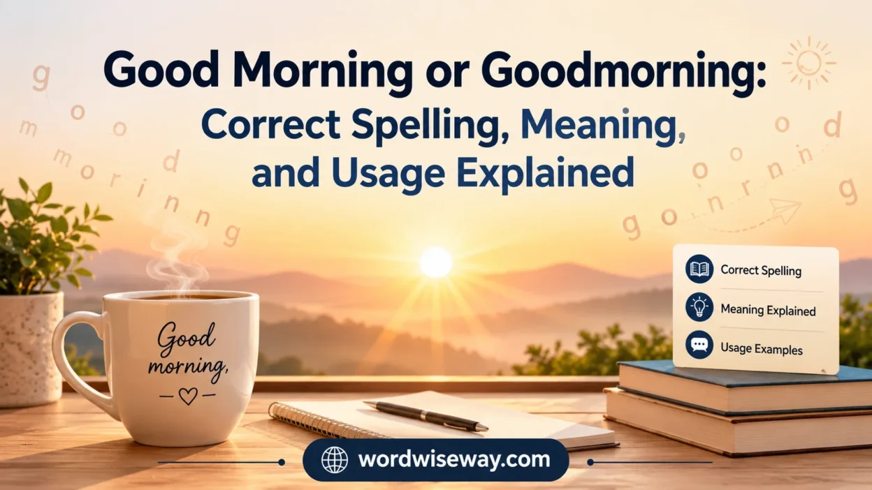 Educational blog banner showing “Good Morning or Goodmorning: Correct Spelling, Meaning, and Usage Explained” with sunrise background and coffee-themed morning elements.