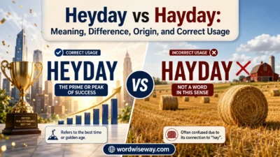 Heyday vs Hayday comparison image showing the correct spelling heyday meaning peak success and the incorrect spelling hayday often confused with hay-related words.