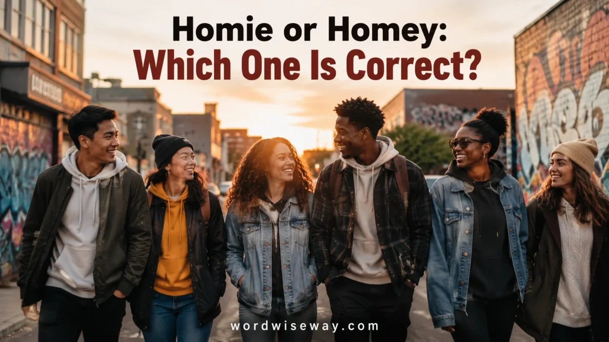 Group of friends walking together in a city street representing the meaning of homie or homey friendship slang.