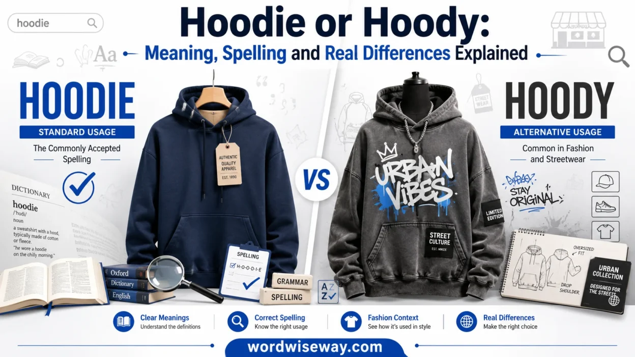 Comparison image showing the words Hoodie and Hoody with hooded sweatshirts, illustrating the spelling difference and meaning in modern English and fashion terminology.