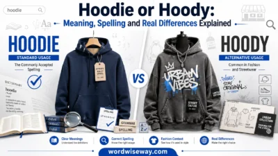 Comparison image showing the words Hoodie and Hoody with hooded sweatshirts, illustrating the spelling difference and meaning in modern English and fashion terminology.