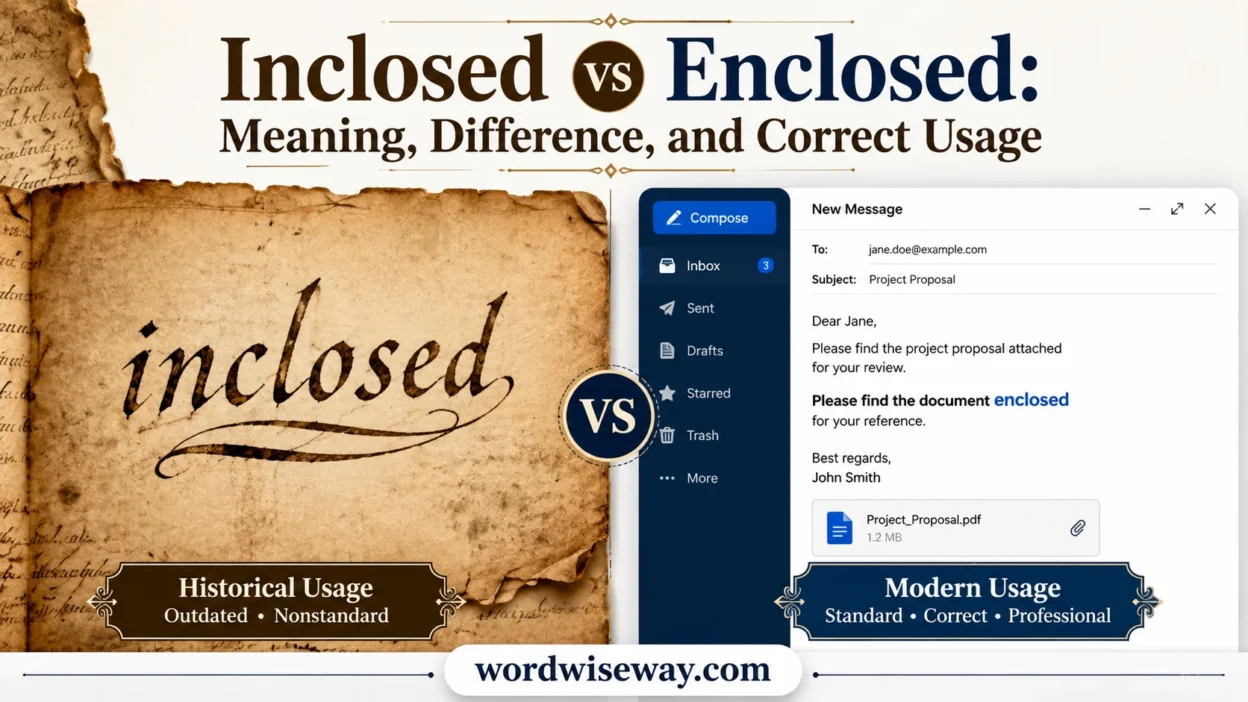 Split comparison of inclosed vs enclosed showing historical manuscript versus modern email usage illustrating correct spelling.