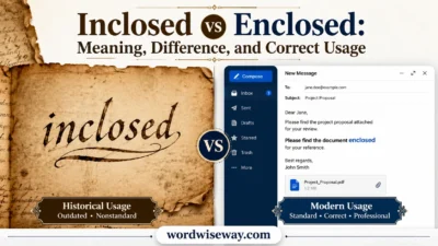 Split comparison of inclosed vs enclosed showing historical manuscript versus modern email usage illustrating correct spelling.