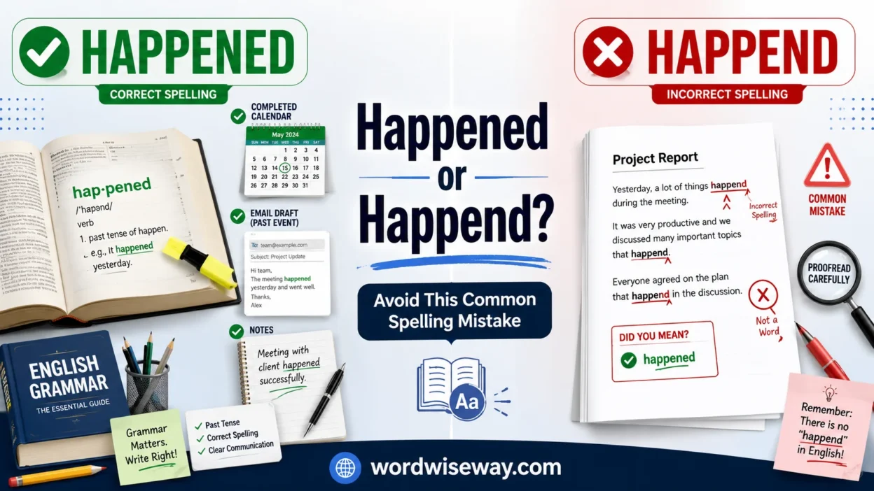 Happened vs Happend spelling comparison showing the correct word "Happened" with a checkmark and the incorrect spelling "Happend" with a red X in an educational grammar guide.