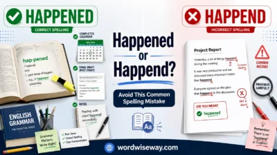 Happened vs Happend spelling comparison showing the correct word "Happened" with a checkmark and the incorrect spelling "Happend" with a red X in an educational grammar guide.