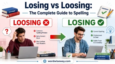 Losing vs Loosing spelling comparison showing the correct word losing and the commonly confused word loosing in a grammar guide.