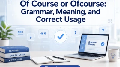 Educational grammar comparison showing correct “of course” versus incorrect “ofcourse” usage in English writing.