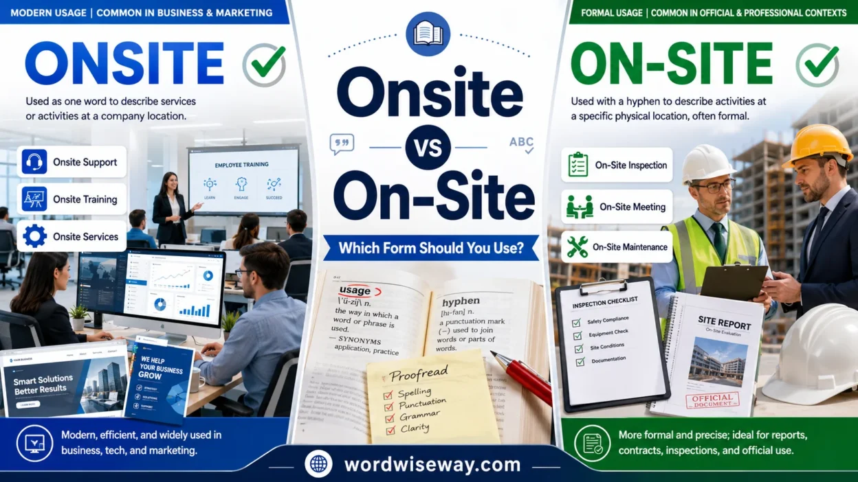 Onsite vs On-Site grammar comparison showing modern business usage of onsite and formal writing usage of on-site with workplace and professional communication examples.