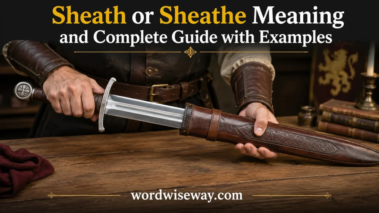 Sword being inserted into a leather sheath illustrating the difference between sheath and sheathe meaning.