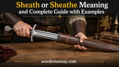 Sword being inserted into a leather sheath illustrating the difference between sheath and sheathe meaning.