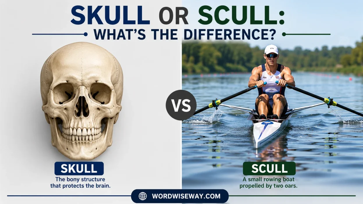 Skull anatomy illustration compared with scull rowing boat on water showing difference between skull and scull