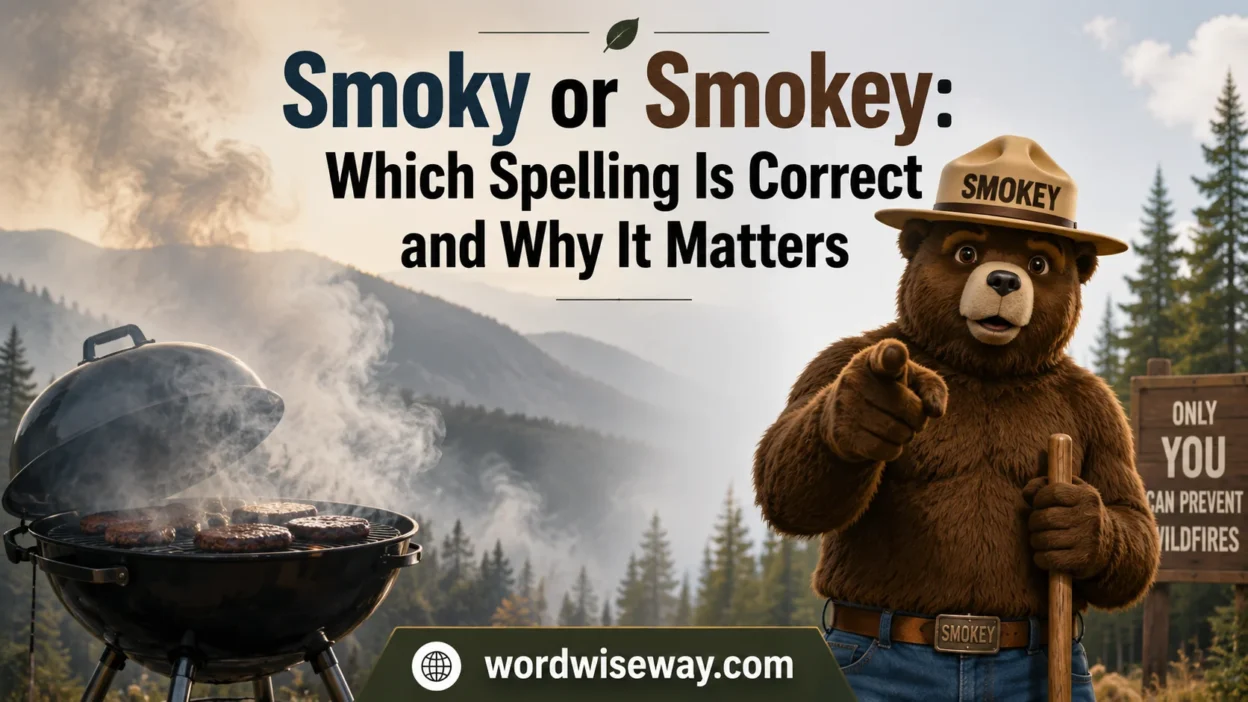 Split visual showing smoky environment on one side and Smokey Bear mascot on the other illustrating spelling difference.
