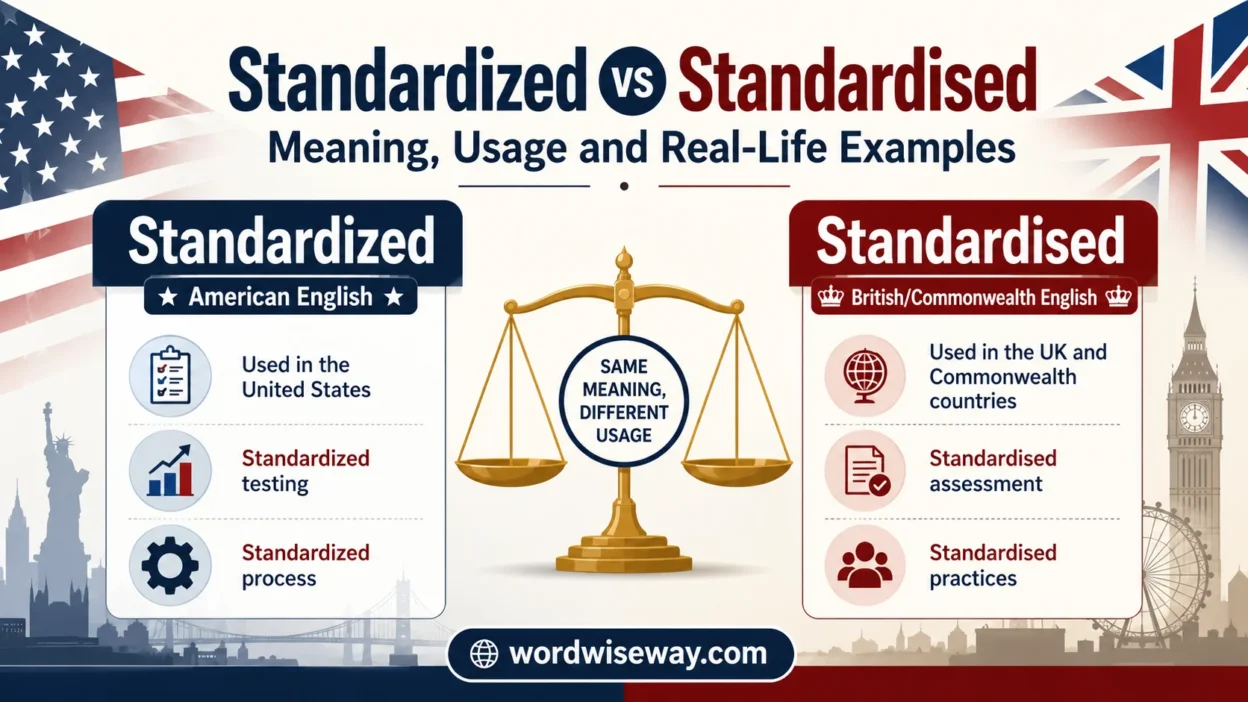 Standardized or Standardised meaning comparison showing American and British English spelling differences with educational symbols.