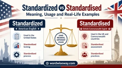 Standardized or Standardised meaning comparison showing American and British English spelling differences with educational symbols.