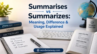 Summarises vs summarizes comparison guide showing spelling differences between British and American English.