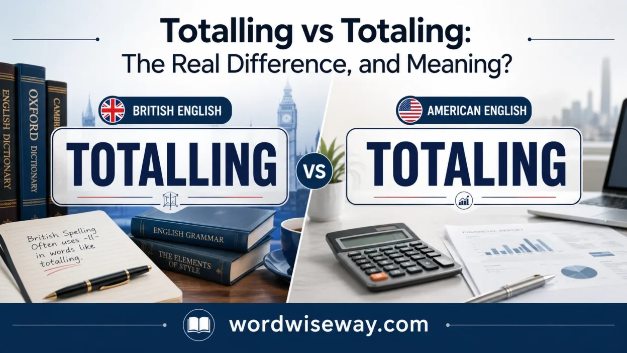 Split-screen educational graphic showing “Totalling vs Totaling: The Real Difference, and Meaning?” comparing British and American English spelling styles with clean modern design and wordwiseway.com branding.