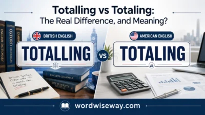 Split-screen educational graphic showing “Totalling vs Totaling: The Real Difference, and Meaning?” comparing British and American English spelling styles with clean modern design and wordwiseway.com branding.