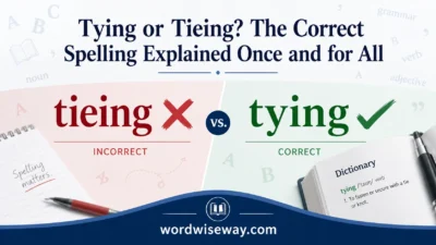 Tying or Tieing grammar comparison showing correct spelling tying and incorrect tieing in a clean educational design.