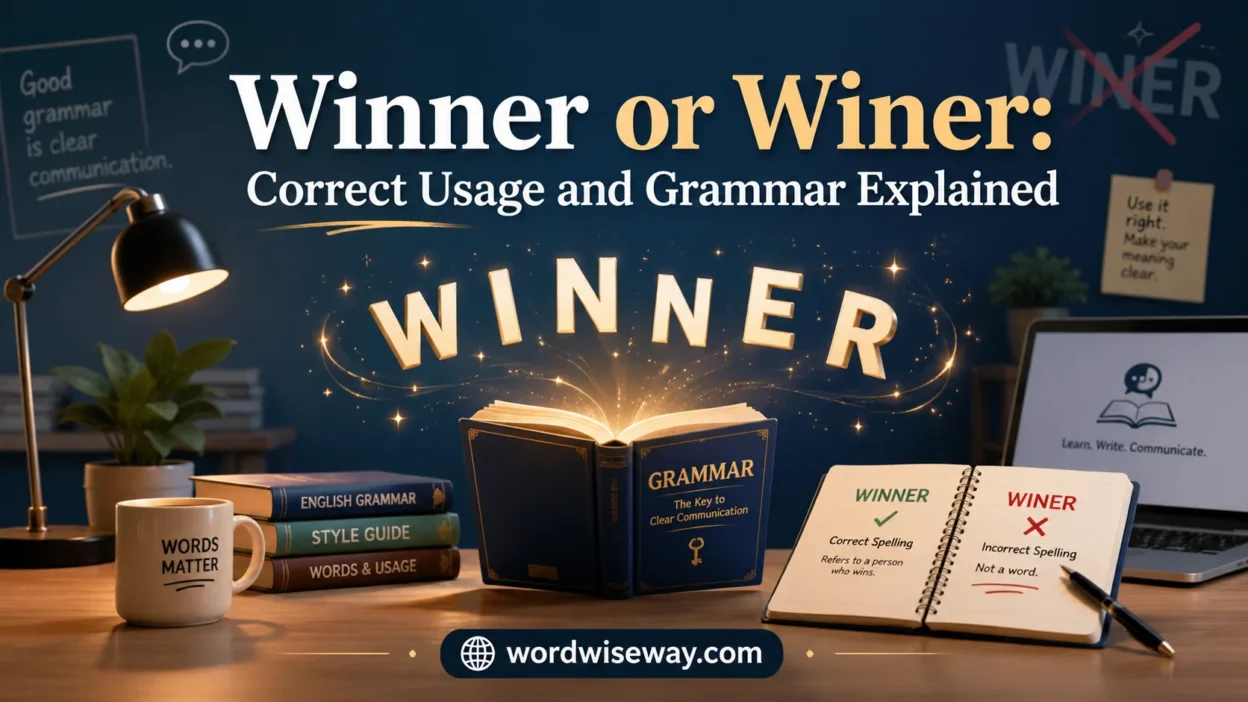 A visual illustration explaining the correct usage of winner vs winer with highlighted grammar comparison and educational design elements.
